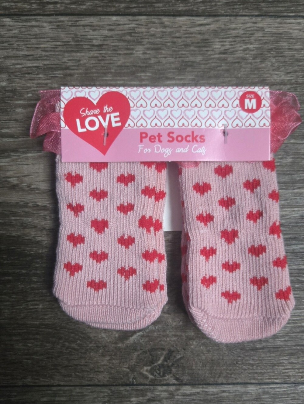 Share the Love Pink Heart Print Pet Socks for Dogs & Cats Size Non-Slip Medium